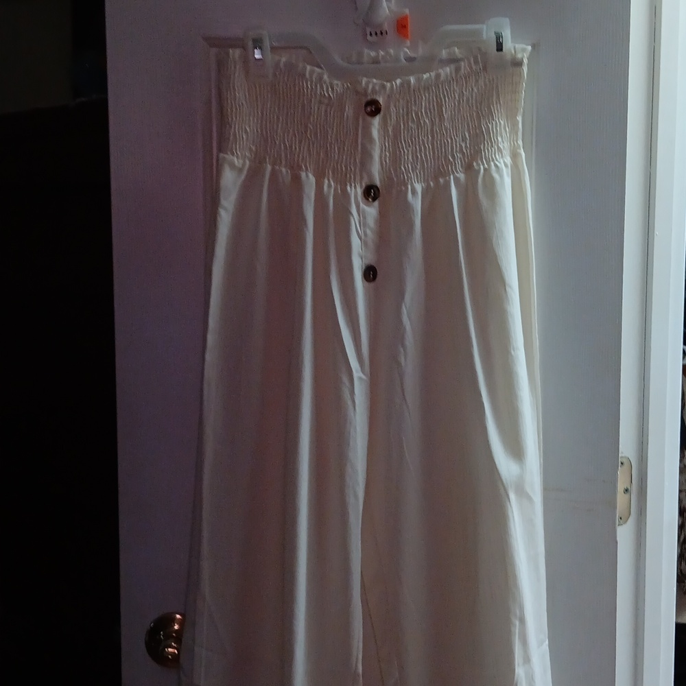 Smocked long white casual pants